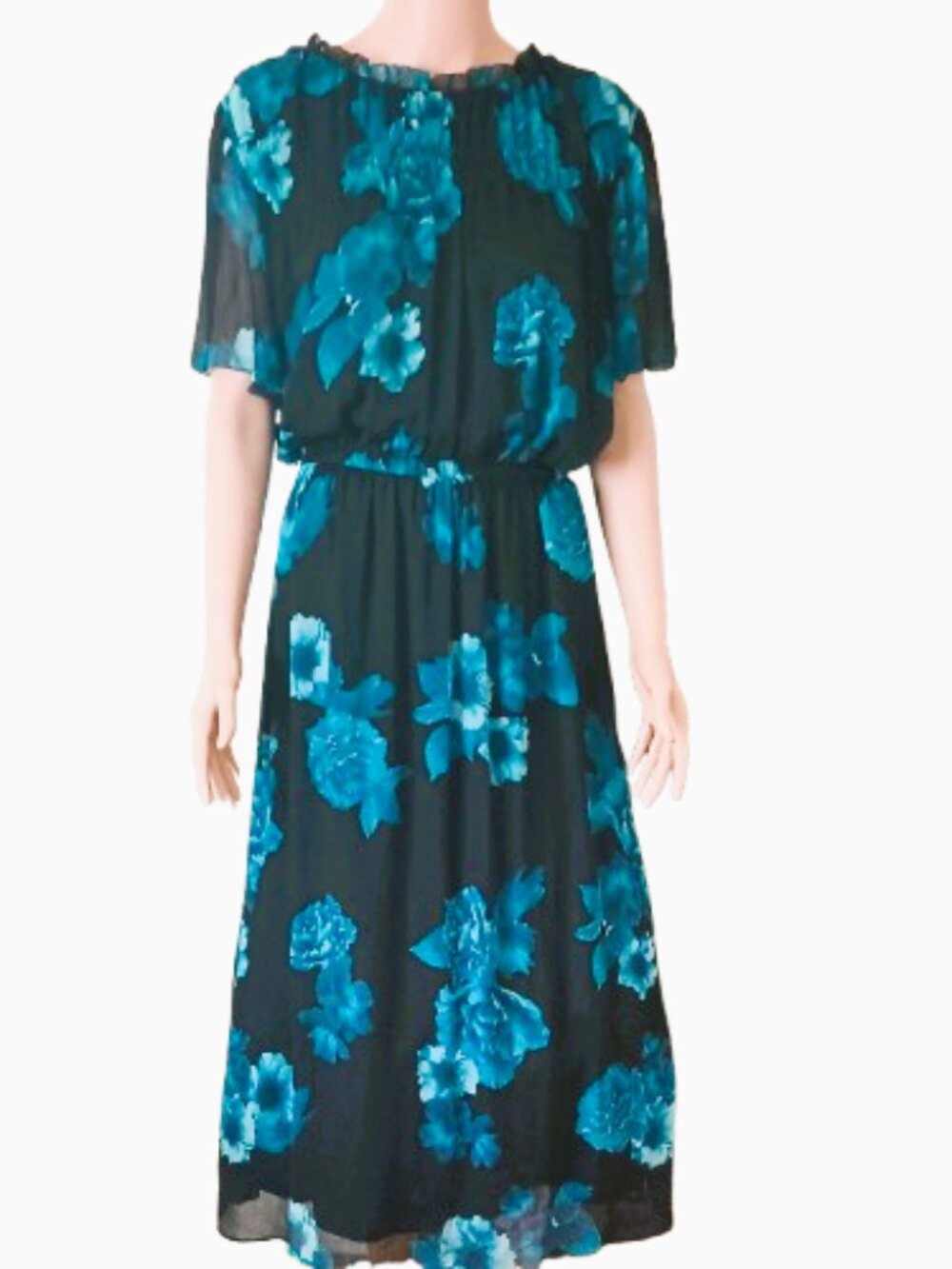 Lane Bryant Blue Floral Chiffon Maxi Dress 22/24 Sheer Smock Flare Short Sleeves